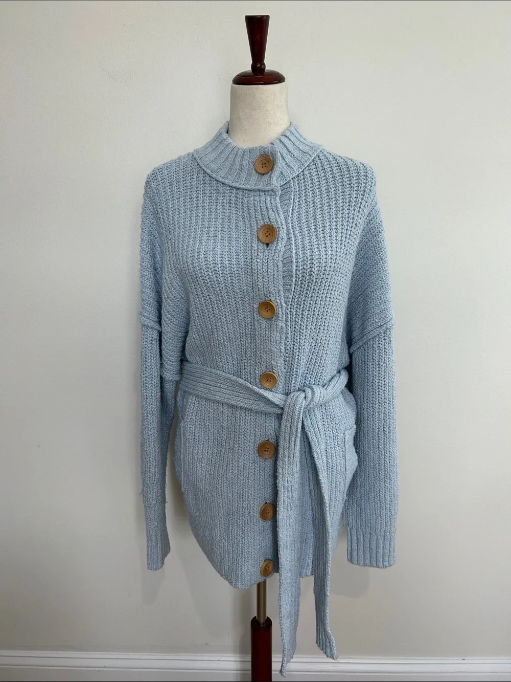 Free People Brooklyn Belted Cardi Sweater in Ballard Blue Size Small NWOT